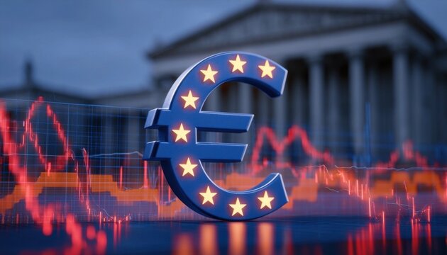 Blue euro symbol with stars over financial chart and classical building