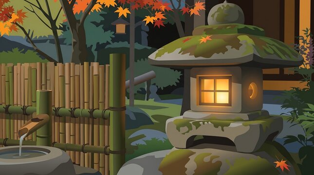 Stone lantern glowing softly in traditional Japanese garden creating peaceful autumn mood