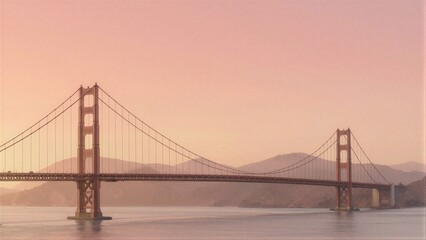 Fototapeta premium Golden Gate Bridge at dawn, pink sky, calm water, distant mountains.