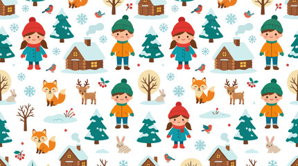 Fototapeta premium Cute Winter Holiday Seamless Pattern with Cartoon Children, Animals, and Snowy Houses - Flat Vector Illustration