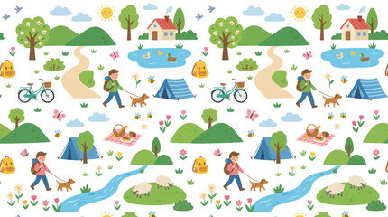 Naklejka premium Cute Cartoon Seamless Pattern of Happy Camping and Outdoor Activities