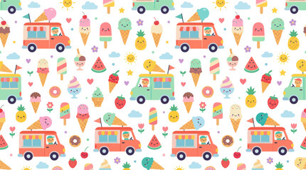 Naklejka premium Cute Ice Cream Trucks and Popsicles Seamless Pattern, Food Art Style