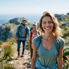 Obraz premium Group of friends hiking on a mountain trail during daytime with a clear sky in the background