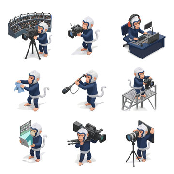 Cute monkey characters working as professional broadcast and media production crew members on white background.