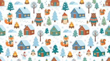 Fototapeta premium Cozy Winter Wonderland Seamless Pattern with Cute Woodland Animals, Cabins, and Trees - Flat Vector Illustration