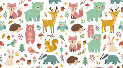 Fototapeta premium Cute Forest Animals Pattern, Woodland Creatures Seamless Background, Flat Design Vector Illustration