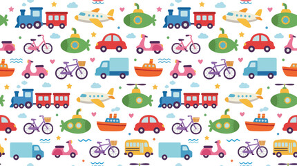 Naklejka premium Cute Flat Cartoon Vehicles Seamless Pattern. Children's Transportation Design with Cars, Trains, Planes, Boats Bikes.