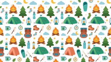 Fototapeta premium Cute Camping Pattern: Campfire, Tent, Backpack, Trees - Flat Vector Art