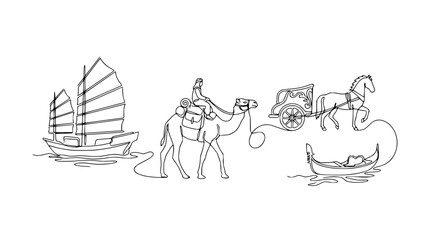 Diverse Transportation Methods: Sailboat, Camel Caravan, Horse Carriage, Gondola © Tani