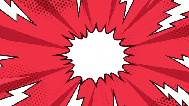 Deep orens comic book style background with a white explosion speech bubble and red speed lines. Action anime pop art motion graphic for text or sales