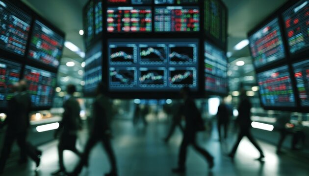 Blurred silhouettes of traders walking past large digital stock market screens in a busy financial trading floor