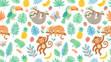 Fototapeta premium Cute Jungle Animals Seamless Pattern - Toucan, Sloth, Monkey, Leopard, Frog