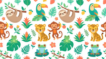 Fototapeta premium Adorable Cartoon Jungle Animals and Tropical Leaves Seamless Pattern. Sloth, Toucan, Monkey, Leopard, Frog Vector for Kids.