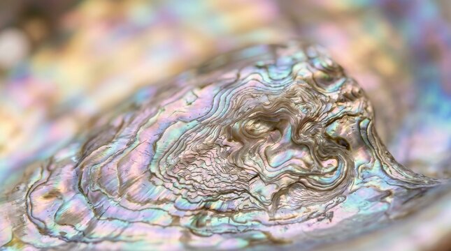 Close-up view of natural abalone shell interior texture and luster with mother of pearl, iridescent