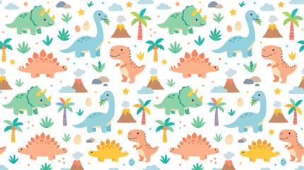 Obraz premium Playful Dinosaur Theme Flat Cartoon Seamless Pattern Illustration for Kids with Cute Triceratops, Brontosaurus, Stegosaurus, T-Rex, Volcanoes