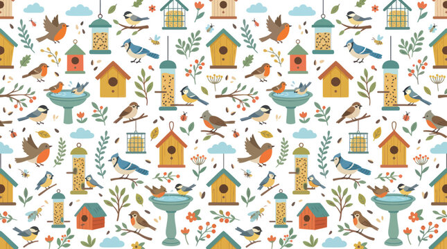 Flat Vector Seamless Nature Pattern Illustration with Cute Wild Birds, Birdhouses, Feeders, and Birdbaths