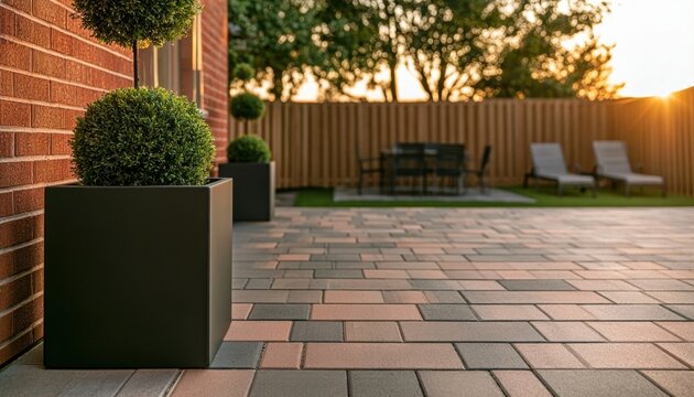 Brick patio with pavers and topiary plants at sunset