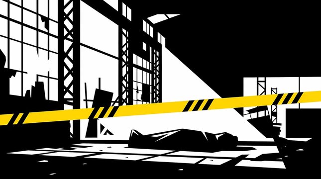 Crime scene illustration with body on warehouse floor behind yellow caution tape.