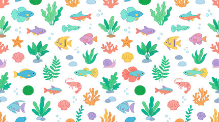 Naklejka premium Cute Flat Design Marine Life Seamless Pattern with Tropical Aquarium Fish, Seaweed Coral Illustration