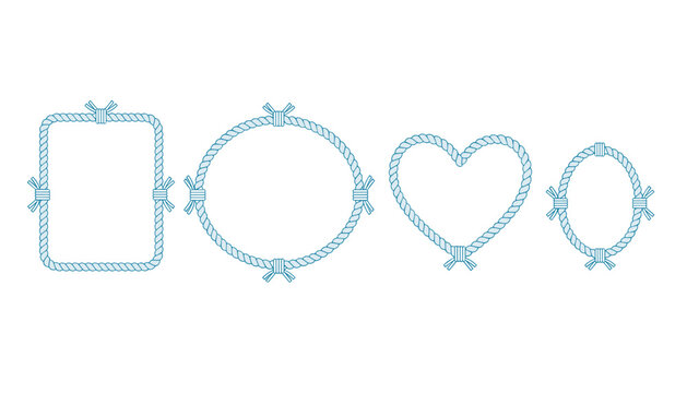 Collection of decorative frames shaped like a rectangle, circle, heart, and oval made from twisted blue nautical rope.