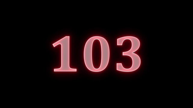 Neon red number one hundred three flickering on black background digital graphics.