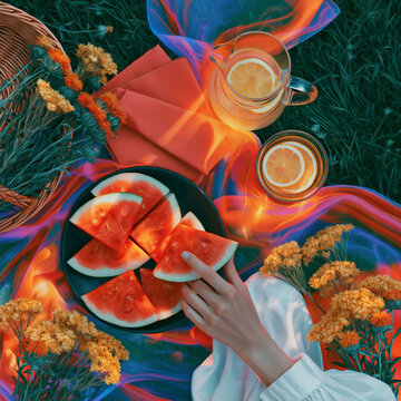Summer Picnic Flat Lay with Watermelon, Lemonade and Flowers