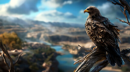 Fototapeta premium Majestic eagle perched on branch overlooking serene landscape, embodying strength and freedom in nature beauty