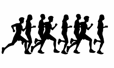 Obraz premium Running people silhouette row, marathon runners group icon, isolated jogging athletes sequence, fitness crowd motion graphic, active sprinting character vector