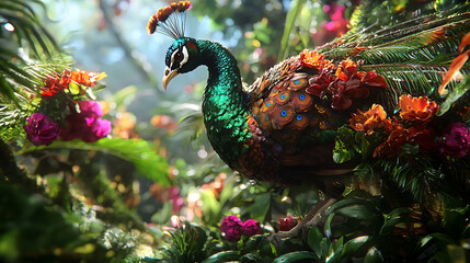 Obraz premium Vibrant peacock displays its colorful feathers amidst lush tropical foliage and blooming flowers, creating stunning natural scene