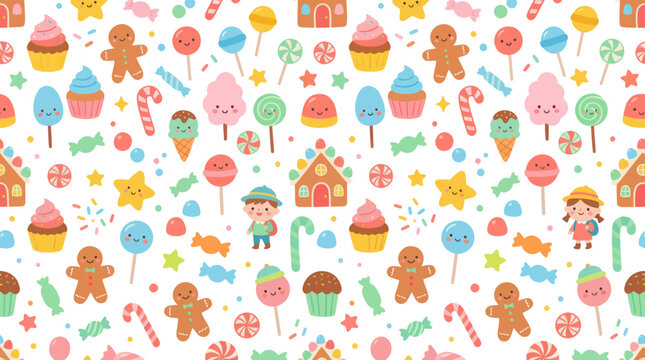 Cute Cartoon Flat Food Seamless Pattern: Christmas Holiday Sweets, Candies, Gingerbread, Cupcakes  Kids Background