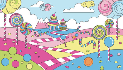 Naklejka premium Fantasy candy land landscape with giant colorful lollipops, cupcakes, sweet paths, and marshmallow clouds under a blue sky.