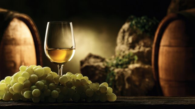 Bunch of green grapes and glass of white wine on wooden table with barrels in