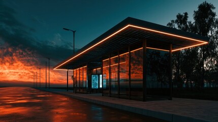 Fototapeta premium Bus stop with solar panel roof and orange led lighting at sunset