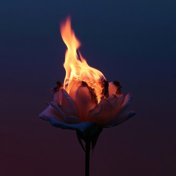 Burning white rose with bright orange flames against dark