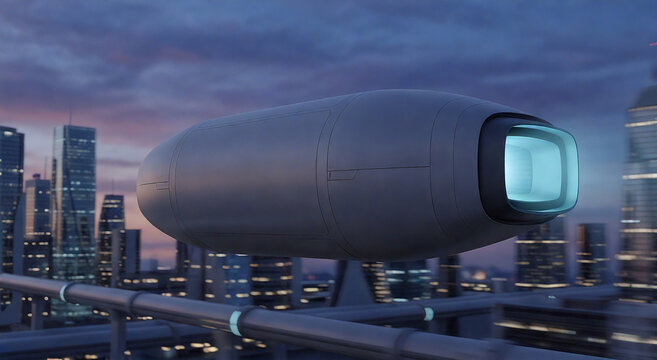 Sleek autonomous hovering cargo shuttle pod flying over a futuristic smart city at twilight, featuring anti gravity propulsion and blank metallic hull for B2B logistics copy space.