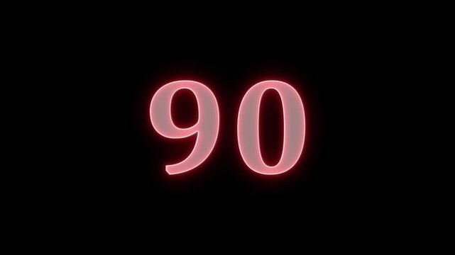 Neon number 90 with a glowing red light effect on a black background loop animation.