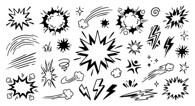 Comic Book Explosion Effect Set with Lightning Bolt Star Burst Cloud and Speed Lines Black and White Cartoon Vector Illustration Collection