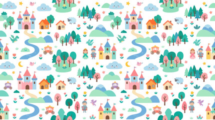 Obraz premium Cute Fantasy Castle Seamless Pattern, Princess, Knight, Dragon, Kids Art Style