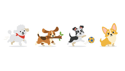 Fototapeta premium Set of four adorable cartoon dogs including a running poodle, beagle with a stick, terrier with a ball, and a cute corgi.