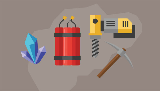Mining tool icons including blue raw crystals, red dynamite sticks with fuses, an electric drill, and a classic pickaxe.