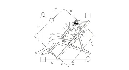 Obraz premium Minimalist Line Art: Woman Relaxing on Deck Chair, Geometric Shapes, Summer Vacation Vibe