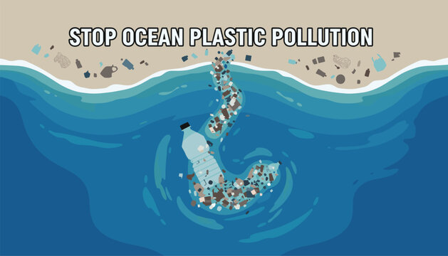 Ecological poster warning against ocean plastic pollution with various waste items floating in blue water next to a sandy beach.