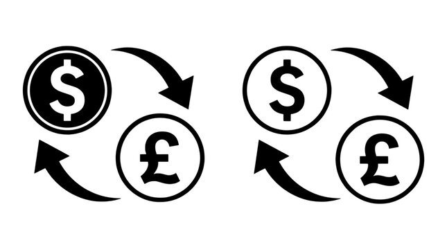 Currency exchange icon set featuring dollar and pound sterling coin symbols with circular arrows
