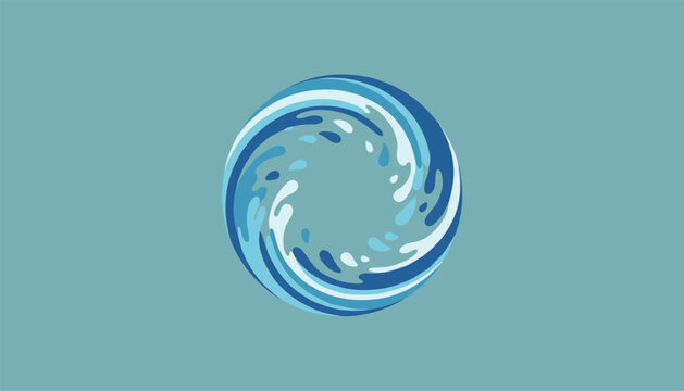 Swirling blue water vortex or wave circle symbol representing movement, rotation, and ocean flow on a solid background.