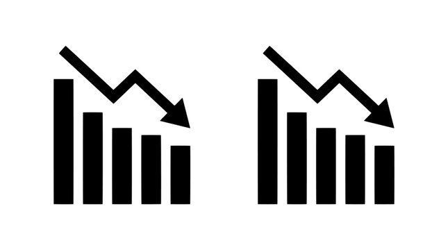 Set of two black bar chart icons with downward trend arrows representing financial loss and economic decline