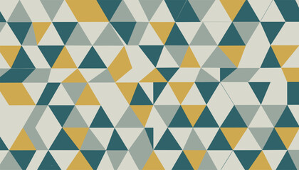 Obraz premium Seamless geometric abstract pattern composed of multicolored triangles in grey, yellow, and dark teal shades.