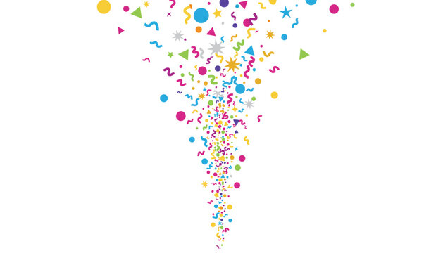 Explosion of colorful confetti with shapes of stars, circles, and spirals shooting upwards on a white background.
