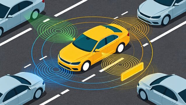 Yellow autonomous self-driving car with sensor detection waves scanning road environment for obstacle avoidance and traffic safety