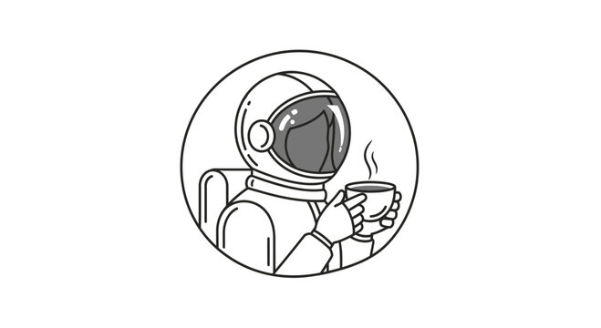 Astronaut drinking coffee in space, minimalist line art, circular icon