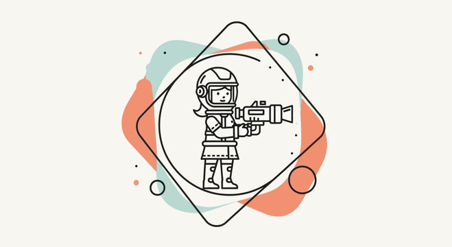 Astronaut Girl Holding Futuristic Ray Gun, Space Exploration Concept, Line Art Illustration